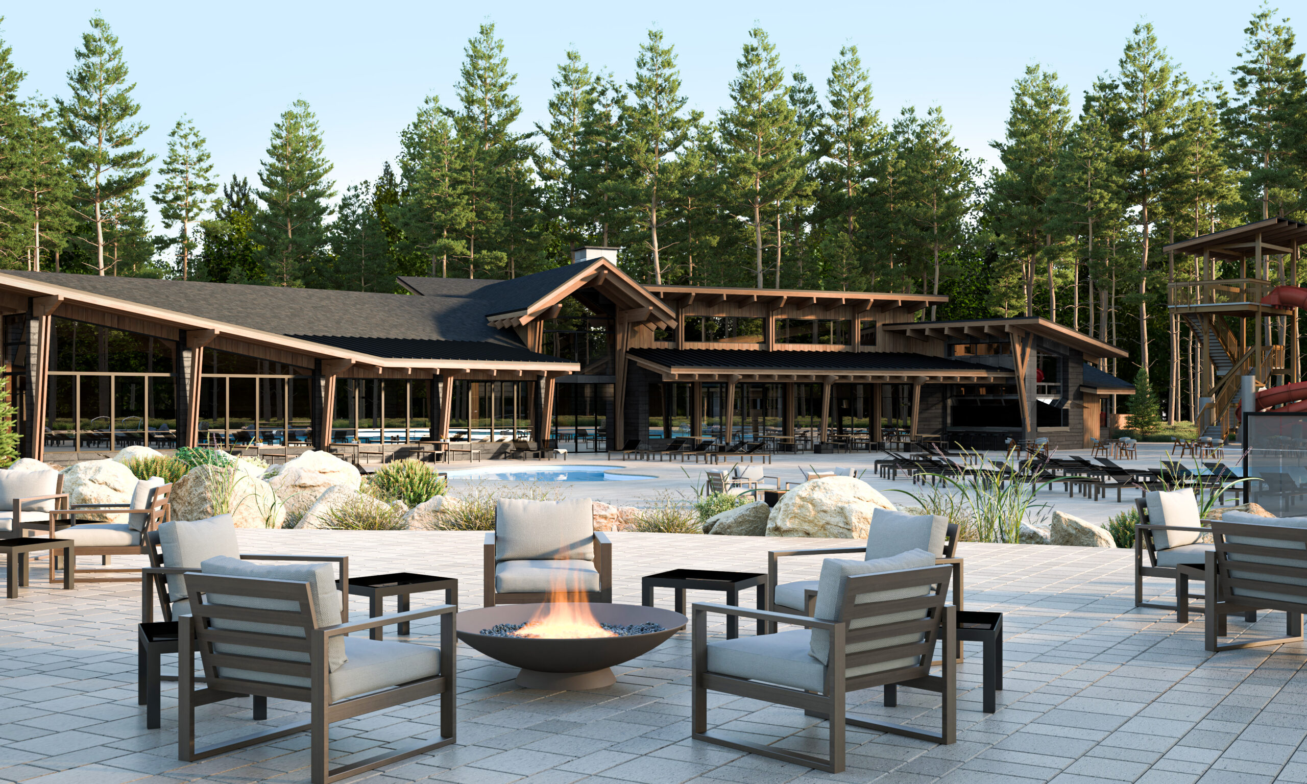 Sunriver Forest House outdoor patio with firepit, lodge in pine forest, Sunriver Oregon