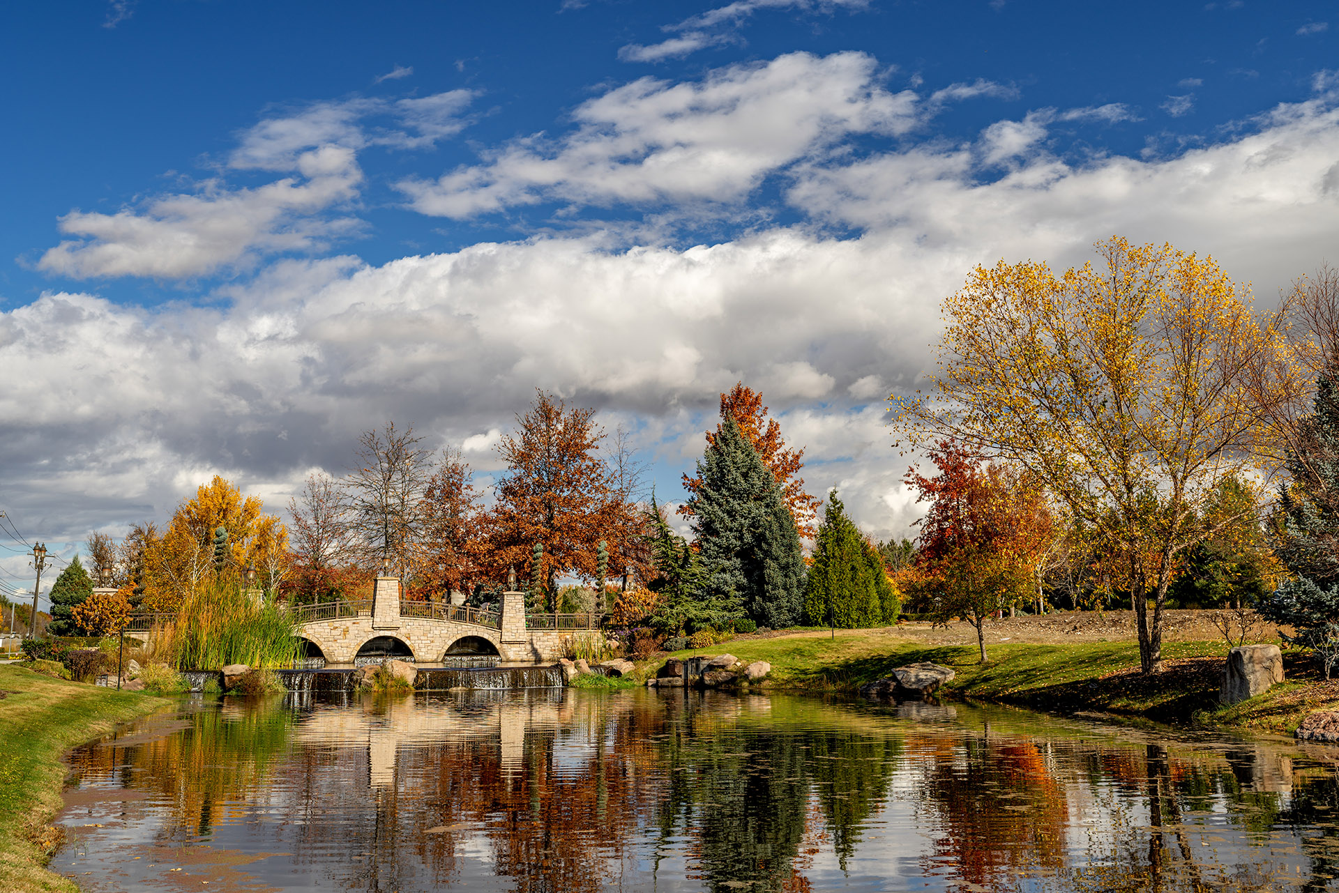 Autumn,Trees,Reflect,In,A,Pond,With,A,Fancy,Bridge