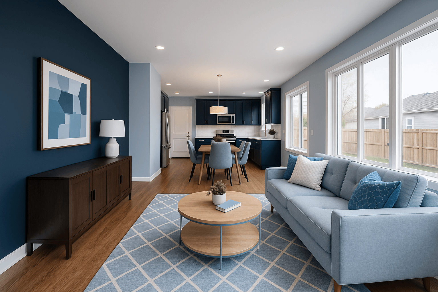 modern blue living kitchen