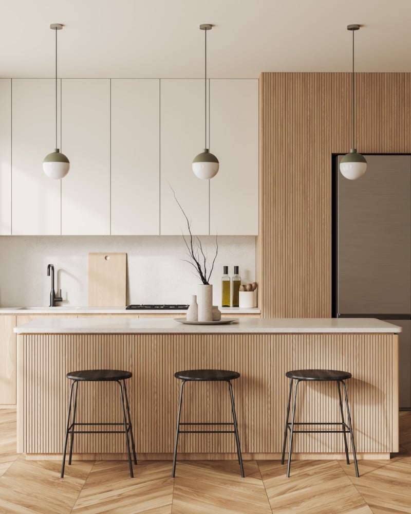 Beige,Home,Kitchen,Interior,With,Bar,Island,,Fridge,And,Shelves