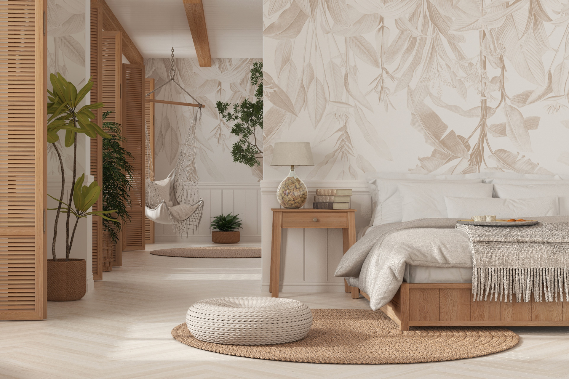 Country,Wooden,Bedroom,Close,Up,In,Boho,Style,In,White
