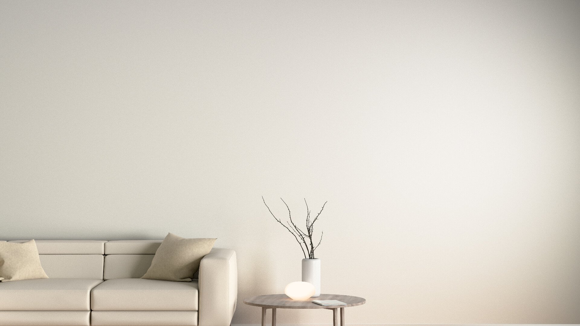Interior of living room with beige leather sofa, night lamp and branches in vase on wooden coffee table
