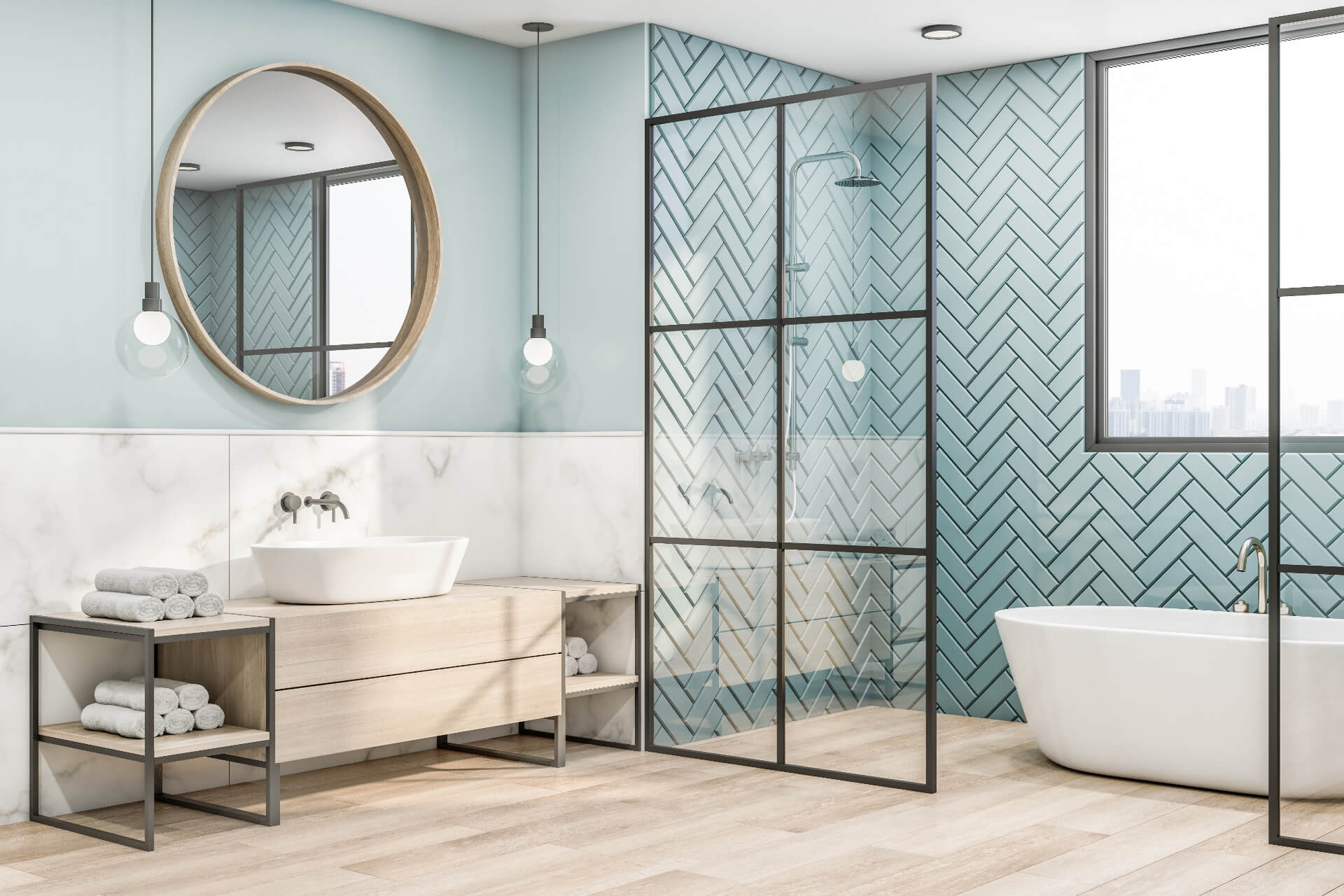 Side view on eco interior design of bathroom with wooden frame of round mirror on blue wall,