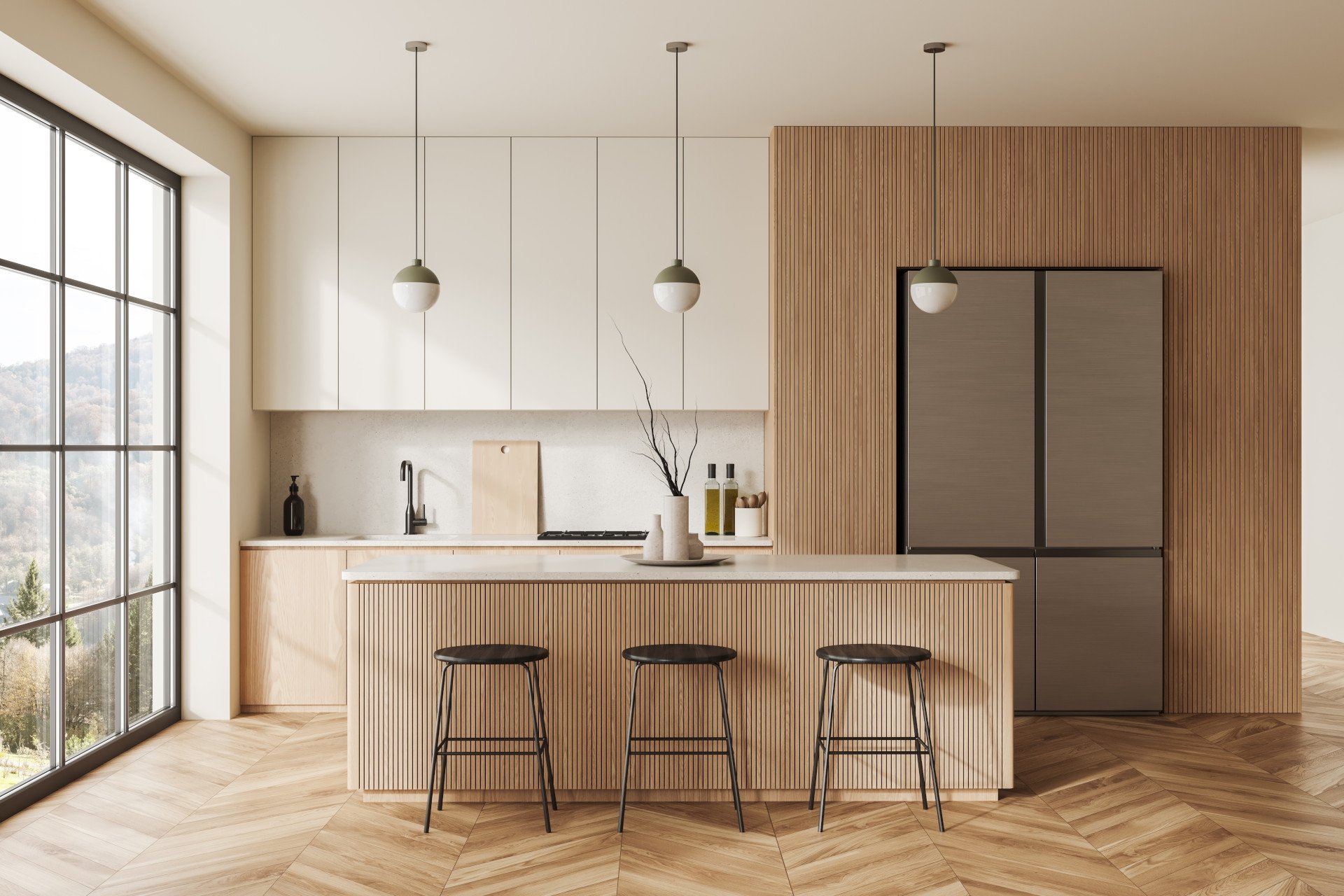 Beige,Home,Kitchen,Interior,With,Bar,Island,,Fridge,And,Shelves