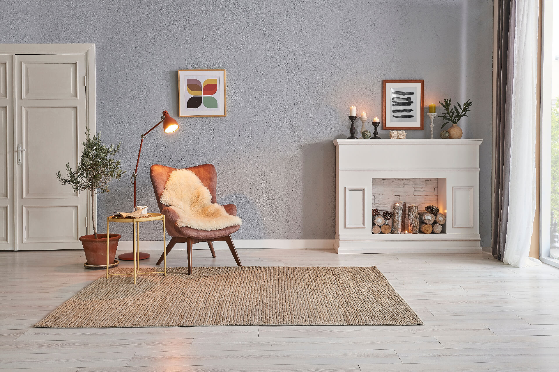 Modern room concept interior style, chair fireplace frame wicker carpet decoration, grey stone wall background
