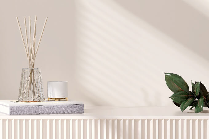 Realistic 3D render blank empty space on a stylish white wooden sideboard with decor green India Rubber Fig leaves and aroma fragance sticks in luxury container (small)