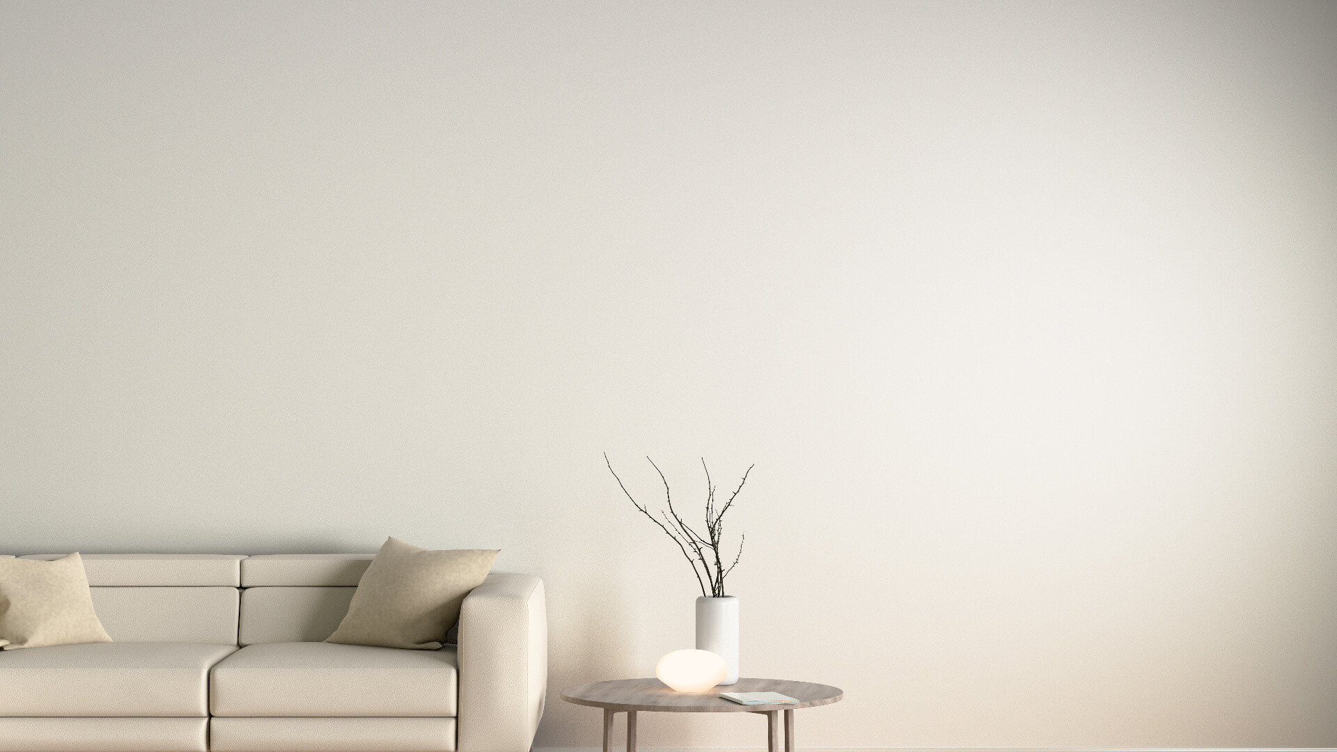 Interior of living room with beige leather sofa, night lamp and branches in vase on wooden coffee table