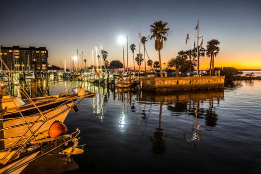 Twilight scene at the harbor. Gulf Coast town of Dunedin, Florida