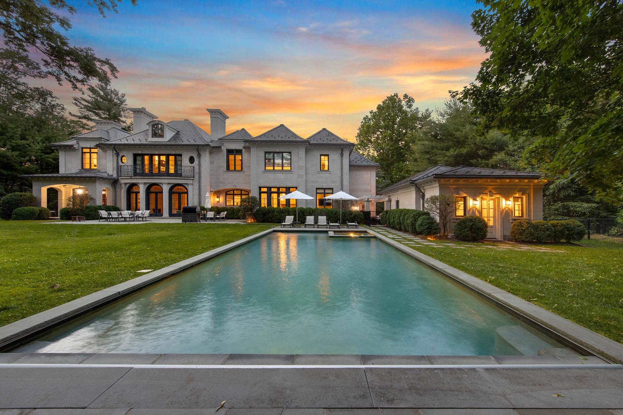 Pool and Garage / Cabana at this limestone manor in Alpine NJ