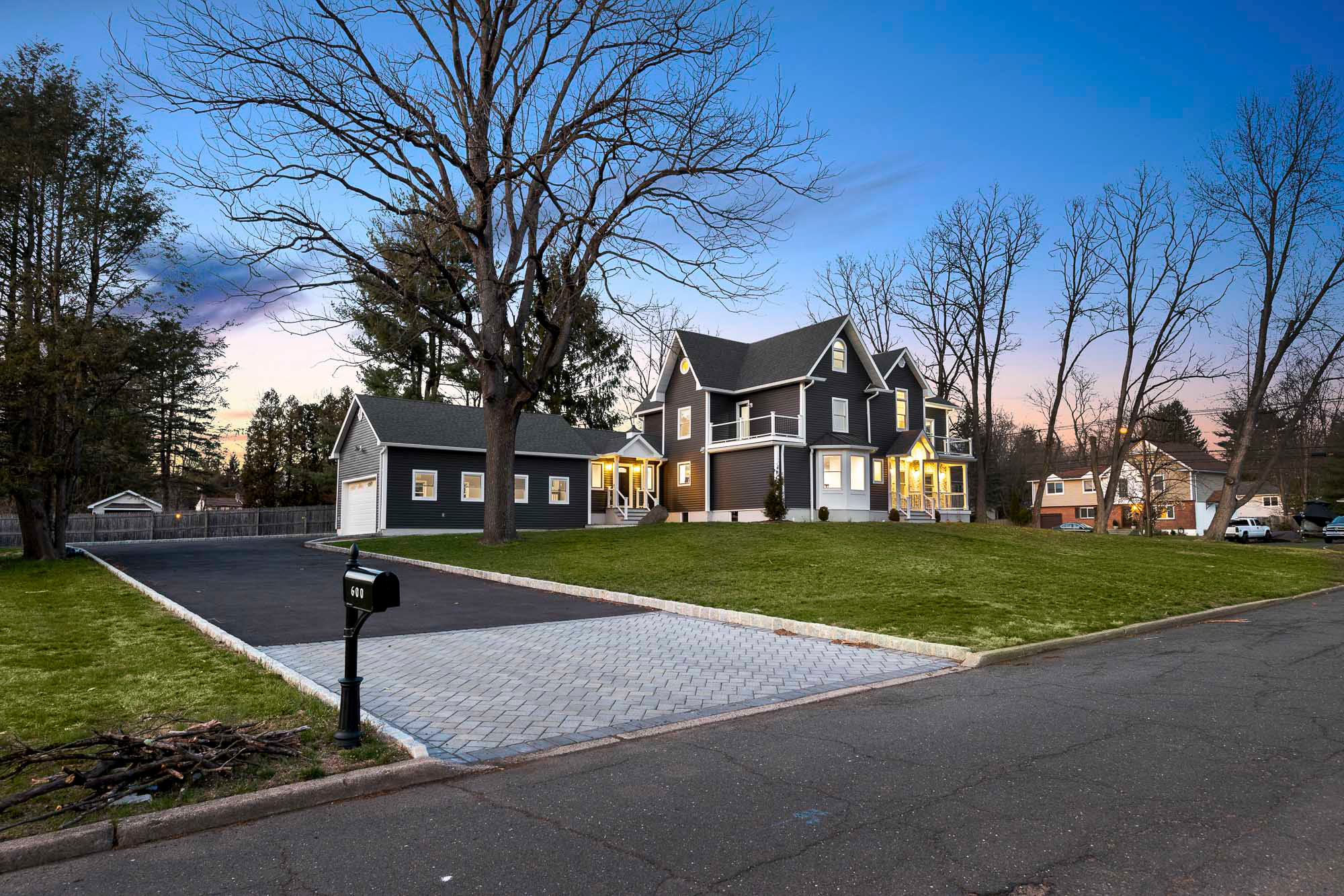 Twiliight Exterior of a gut renovation in River Vale NJ