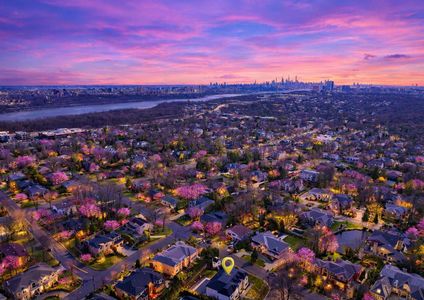 3 Aerial Shot of Englewood Cliffs at Twilight w 2 Maple in the foreground and NYC Skyline in the background