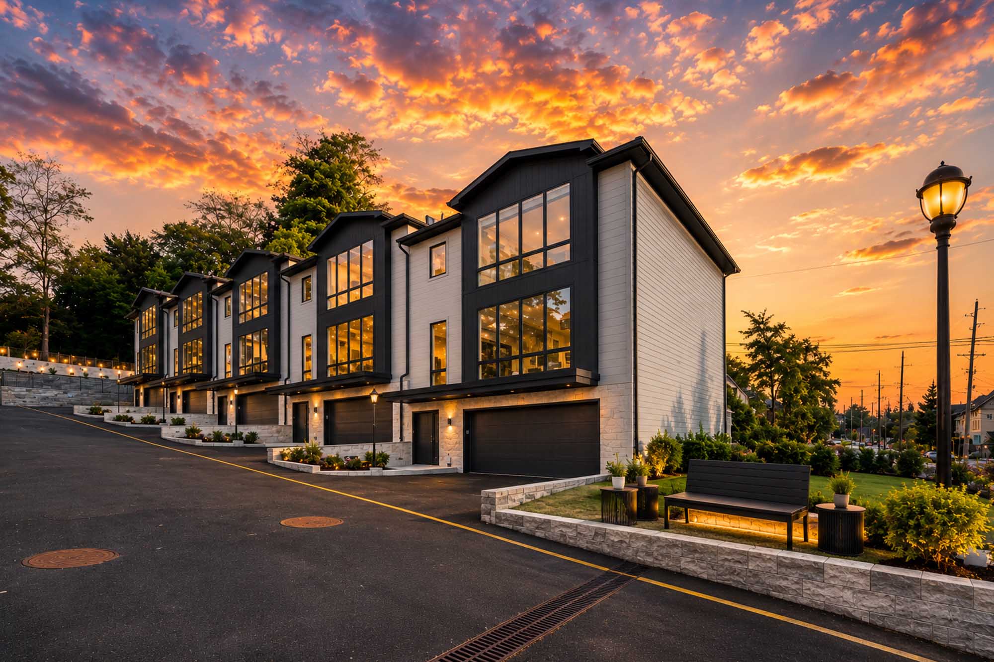 1. 401 Grand Ave. Modern townhomes at sunset glow