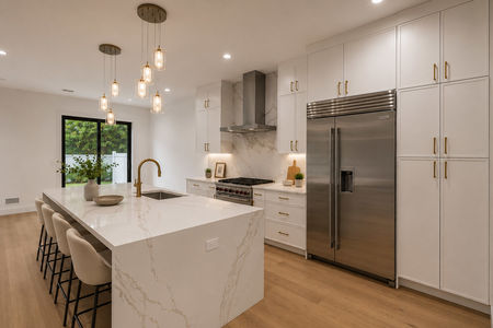 12 Bright modern kitchen with marble island