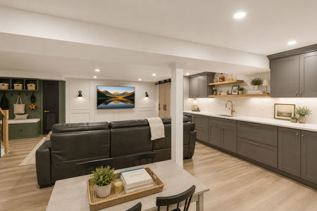 34 14 Morrow Midland Park Modern basement with cozy kitchenette and lounge