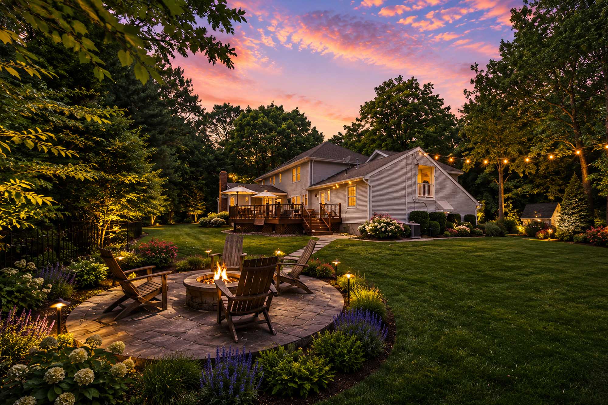 56. 18 Monument Twilight backyard oasis with fire pit
