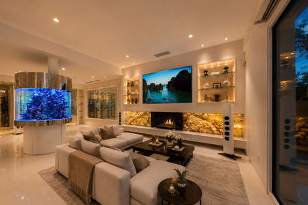 9-31 Casta Modern living room with aquarium and fireplace