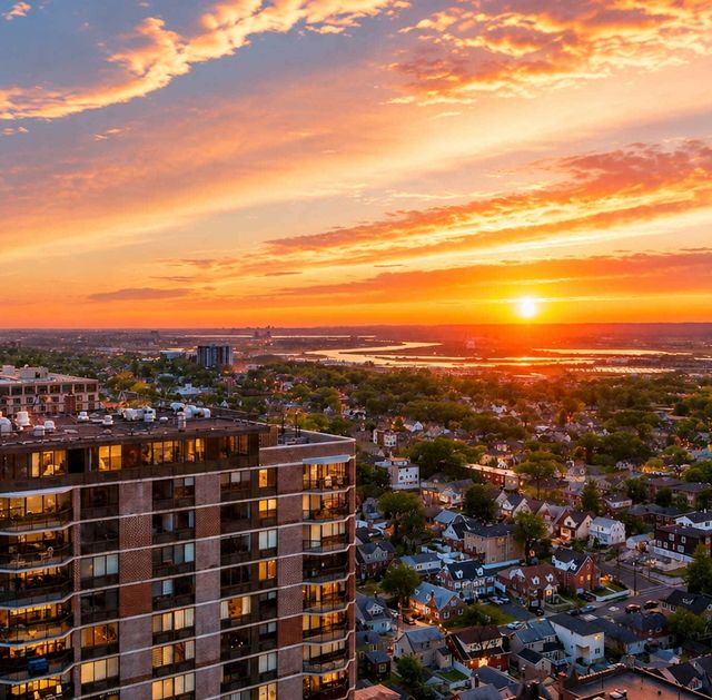 Greenhouse sunset over cityscape