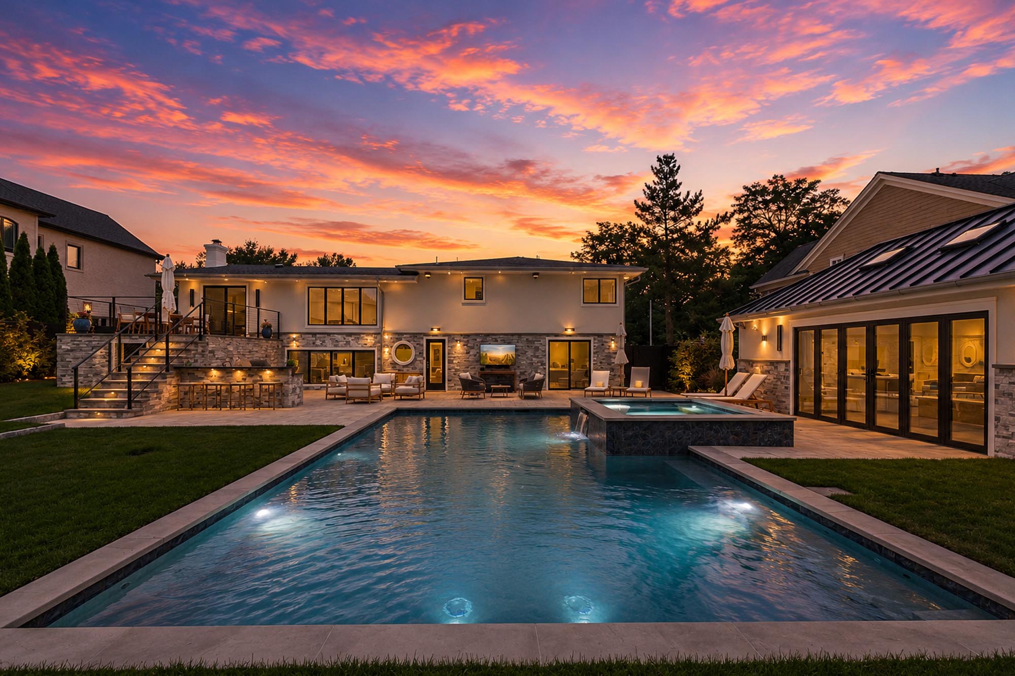 10. 35 Jane Modern backyard oasis at sunset