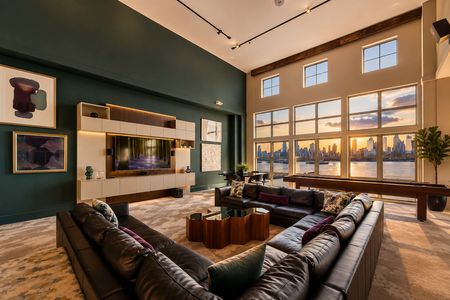 17. 26 Ave Port Imperial Modern luxury living room with skyline view
