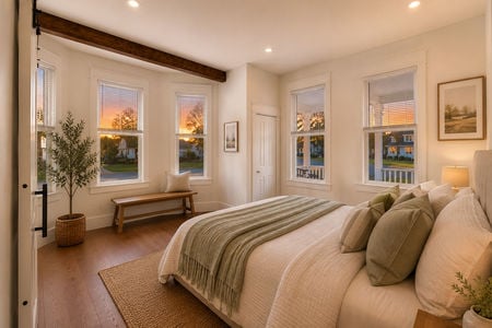 18. 67 E Clinton Cozy farmhouse bedroom at sunset
