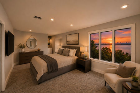 22. 35 Shore Sunset glow in a minimalist bedroom