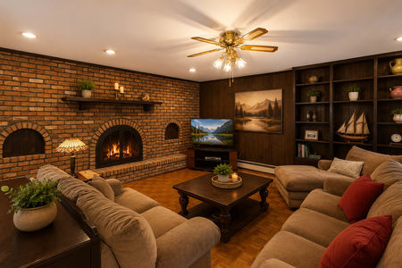 24. 933 River Rd. Cozy rustic living room with fireplace