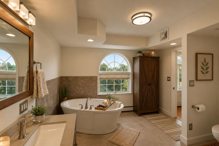 28. 933 River Rd. Cozy modern bathroom with natural accents