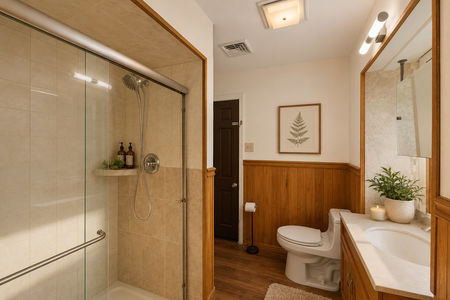 34. 933 River Rd. Modern rustic bathroom with wooden accents