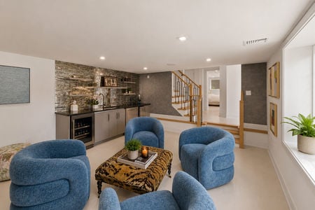 41. 35 Jane Modern basement lounge with bar setup