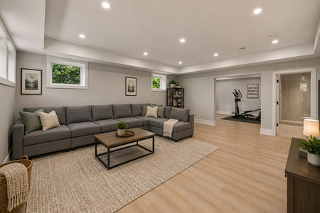 46. 14 Allison Modern basement living room with fitness area