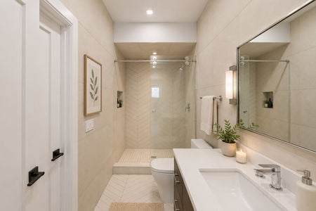 49. 14 Allison Modern minimalist bathroom with natural accents