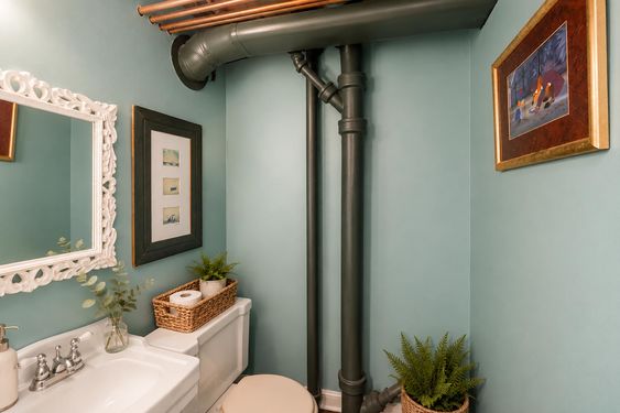 0.59 16 N Brae Cozy Teal Bathroom with Exposed Pipes