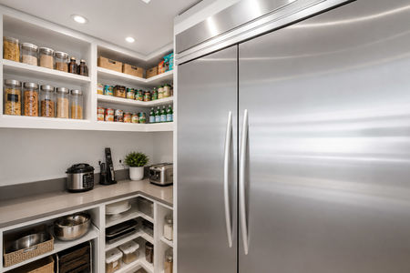 22. 23 Shore Modern Organized Pantry with Stainless Refrigerator