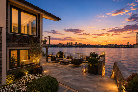 7. 23 Shore Modern Waterfront Terrace at Sunset