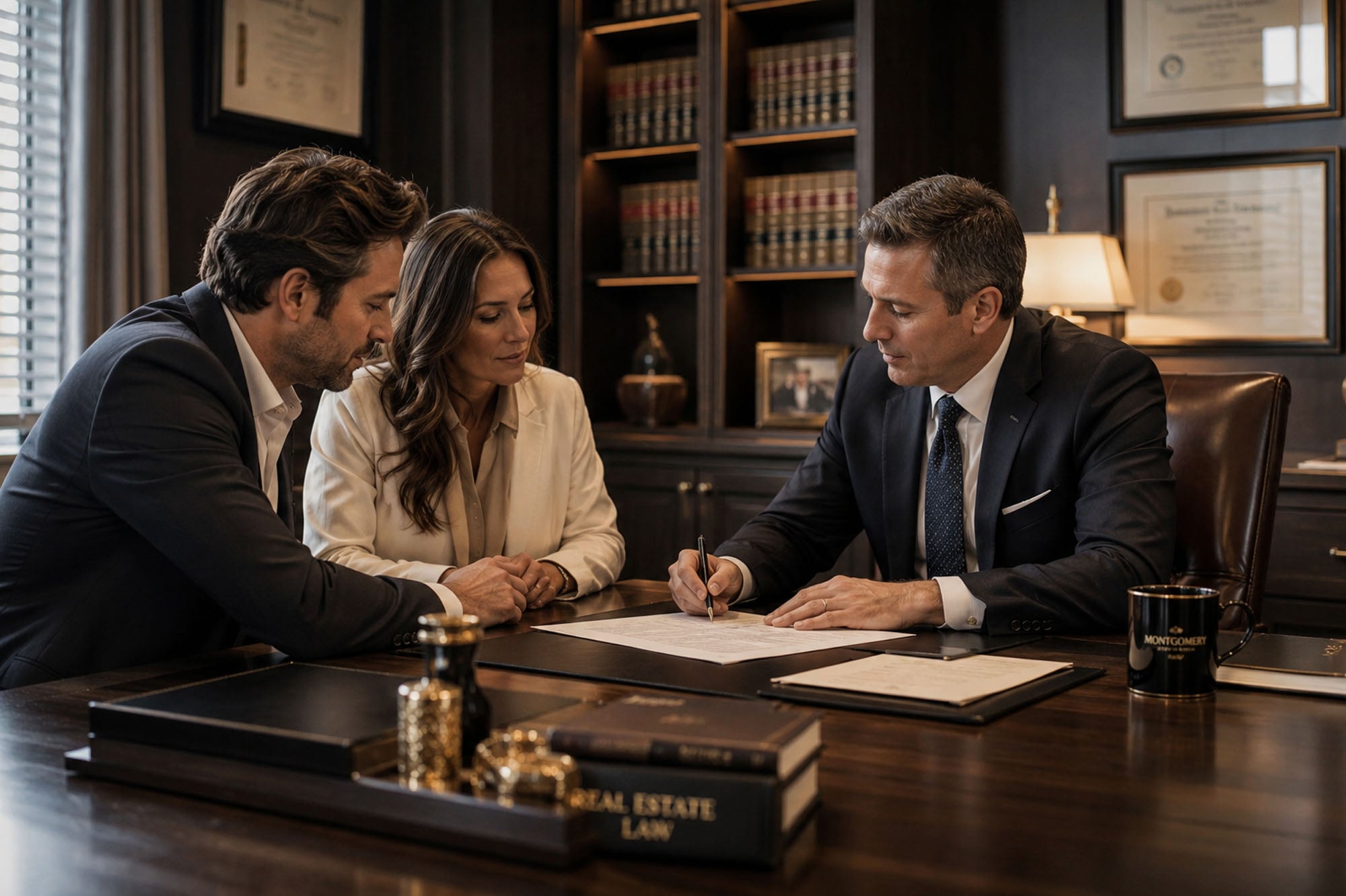 Buyer and real estate professionals reviewing documents before making an offer on a New Jersey home
