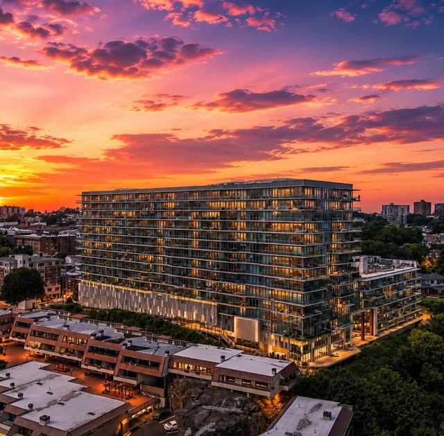 One Park Cliffside Park Sunset over modern urban neighborhood