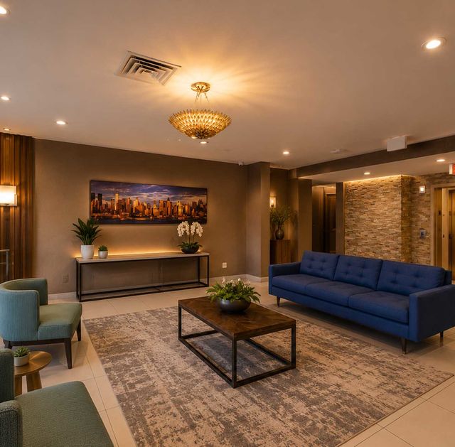 26 Ave Port Imperial Modern hotel lobby with warm ambiance