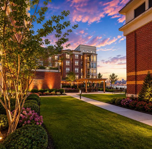 26 Ave Port Imperial Tranquil courtyard at golden hour