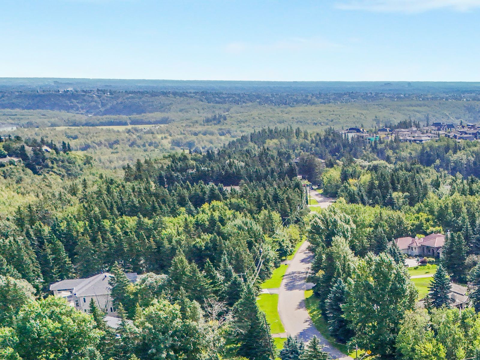 Aerial view of the street running out toward the wooded ravine, the river valley on the horizon.