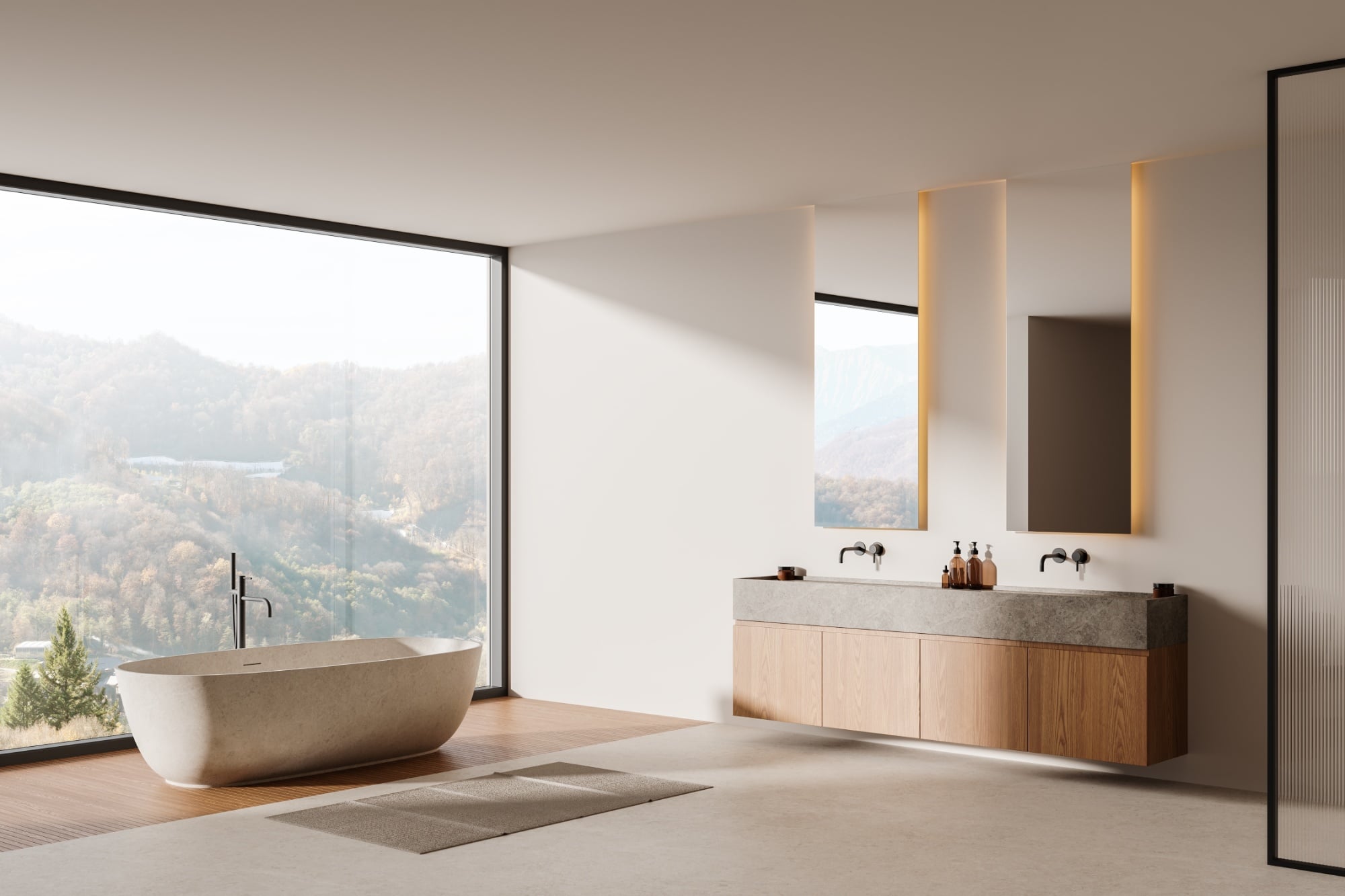 A modern bathroom with a large window, freestanding tub, and double sink vanity. Minimalist design with scenic outdoor views. 3D Rendering