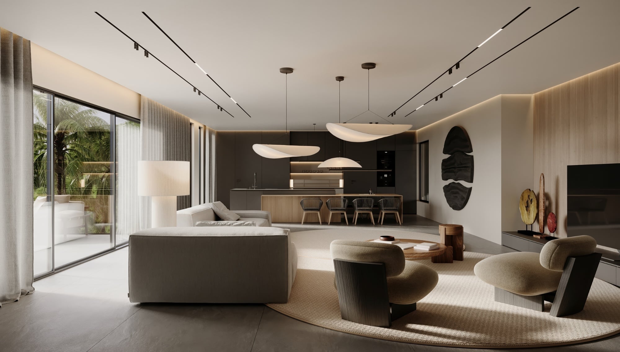 Elegant living room with kitchen, modular grey sofa, coffee table, TV wall, fashionable chandelier and carpet on the wood floor