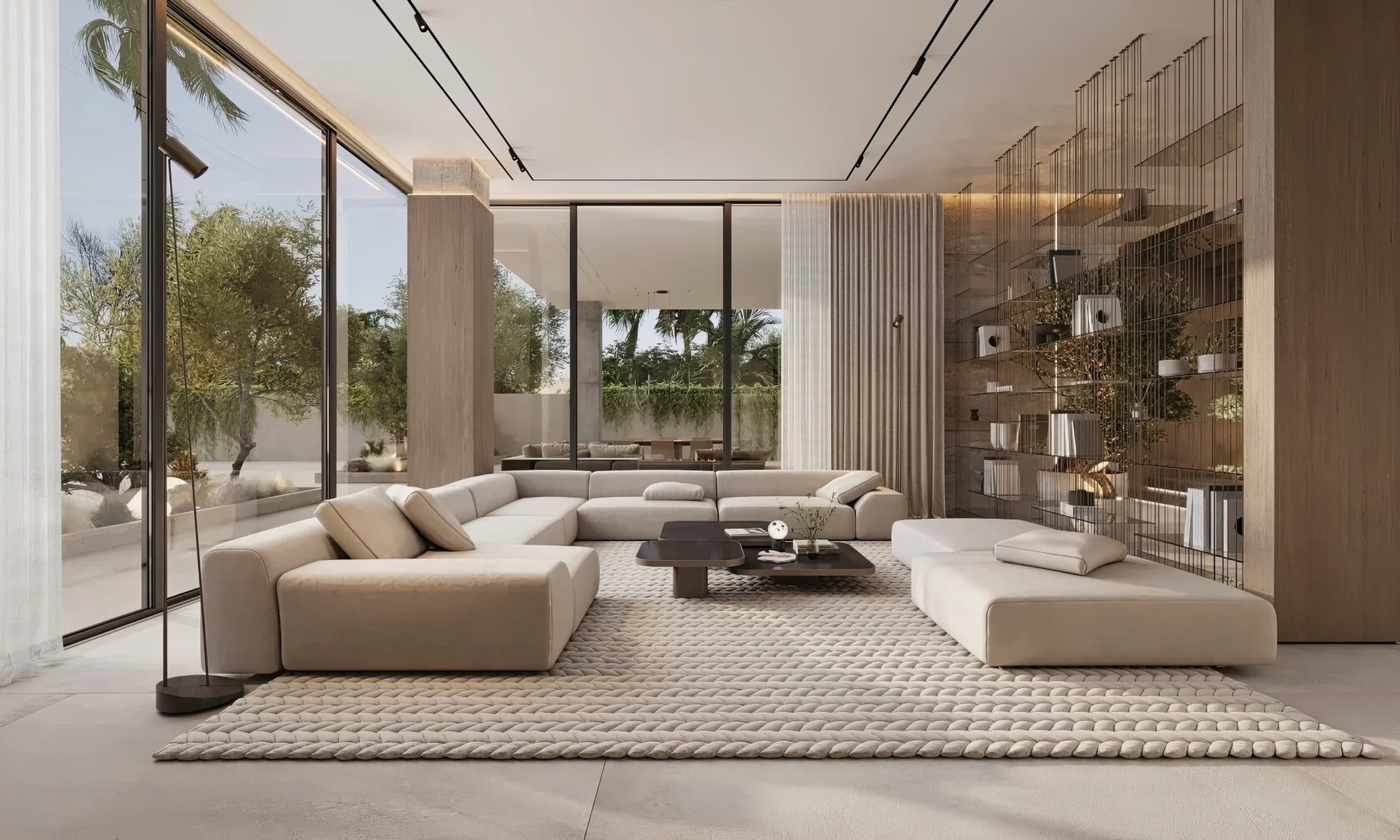 Interior of modern kitchen and living room with large windows.Doppelte Lichthalle.Luxury contemporary space