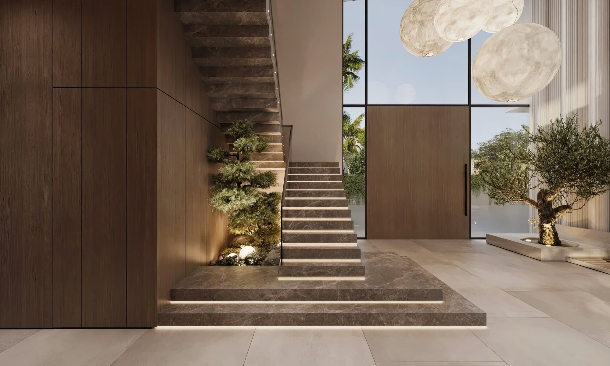 Modern contemporary style spiral staircase decorated with marble and has indirect lighting. 3d illustration