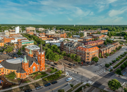 fayetteville, ny - Aerial view of Fayetteville North Carolina downtown business district, main street in Cumberland county First Baptist Church. government buildings (large)