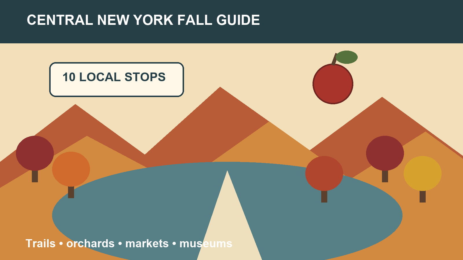 Illustrated fall guide to Central New York with autumn hills, a lake, trail, and apple