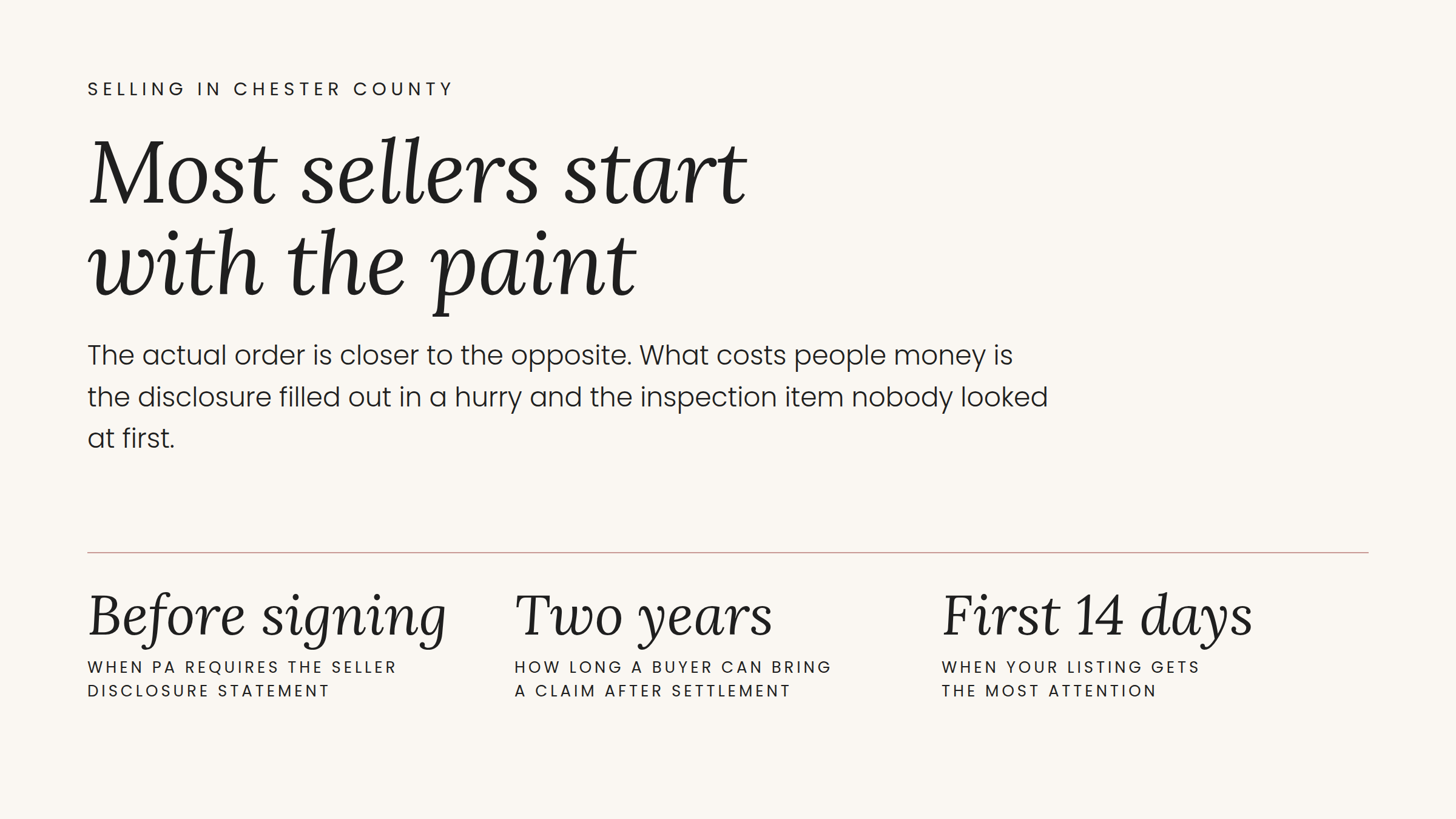 Guide to selling a house in Chester County PA, noting Pennsylvania requires the seller disclosure before signing, a buyer has two years after settlement to bring a claim, and a listing gets the most attention in its first 14 days