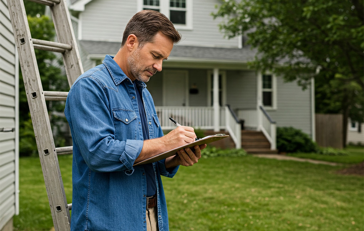 man with clipboard by ladder