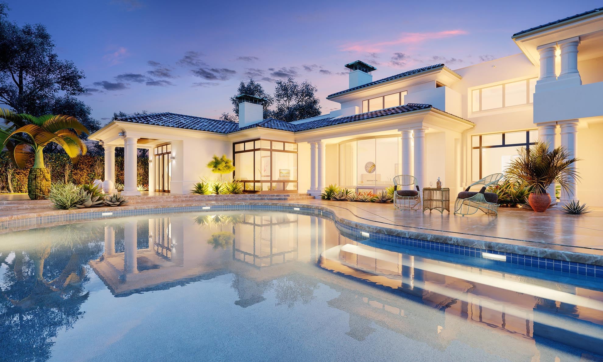 Expensive private villa. Swimming pool in a private house. Eveni