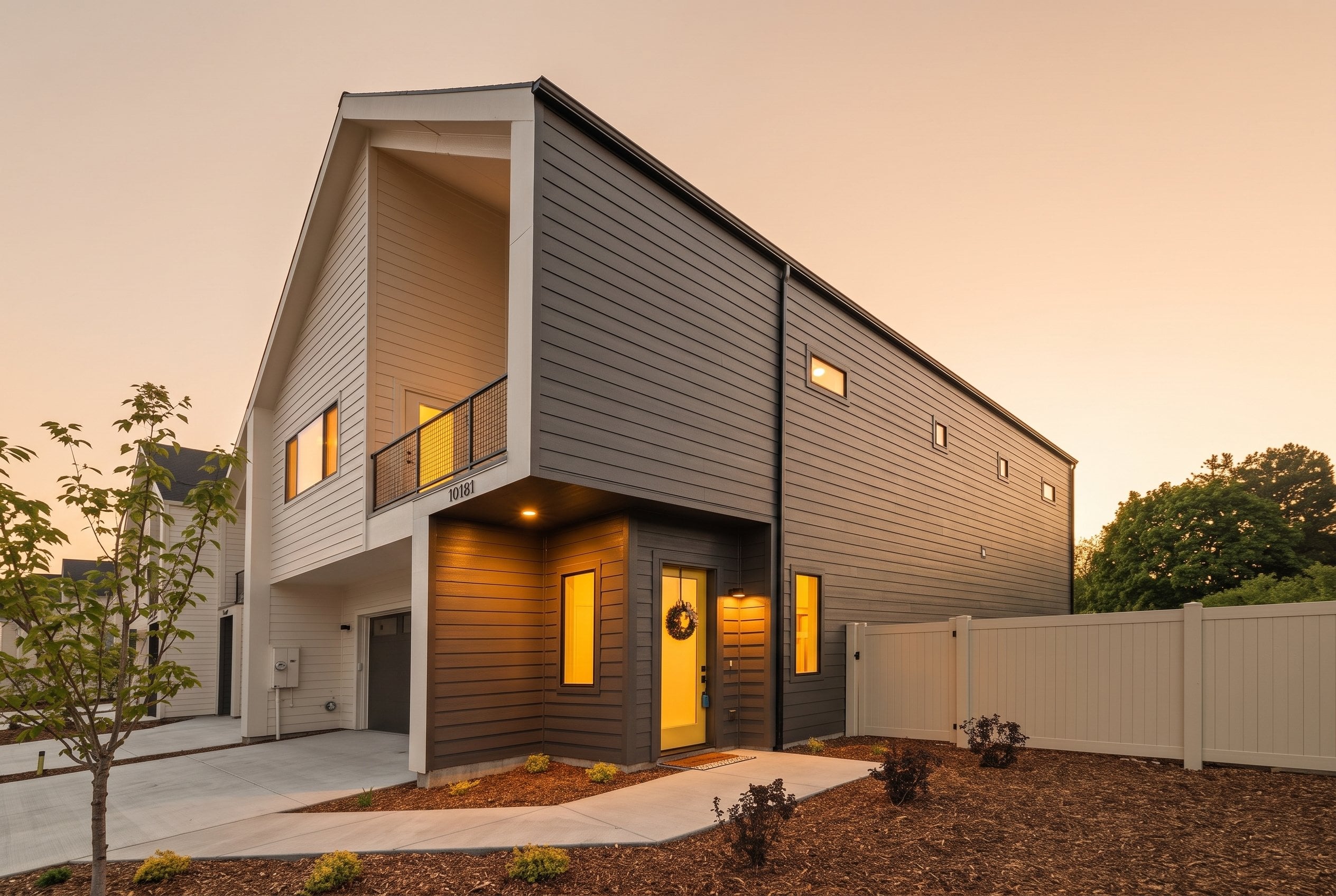 Corner townhome with signature yellow door at dusk