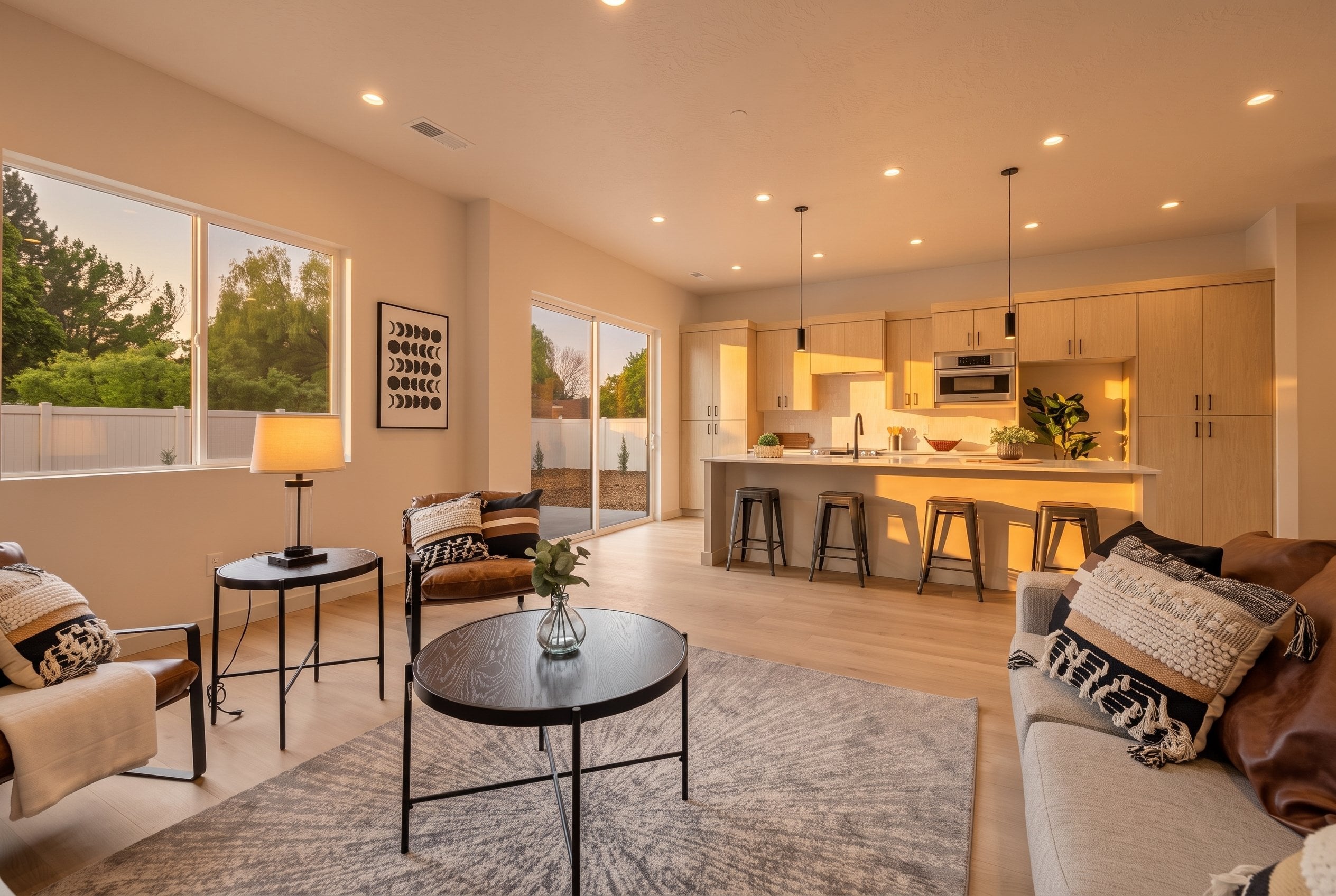 Open-concept great room in warm evening light
